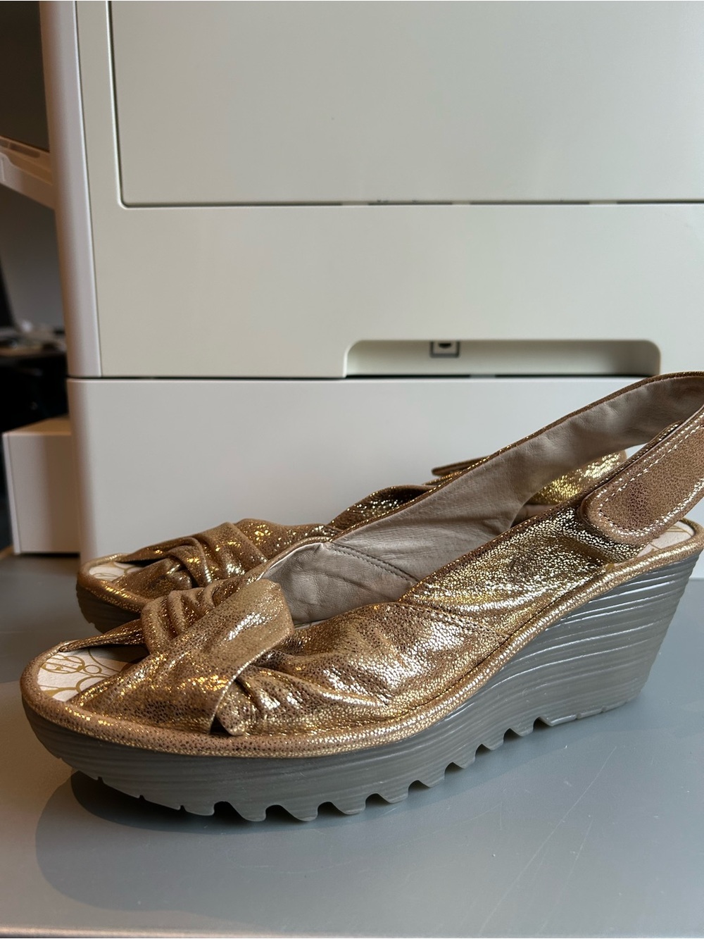 Fly London Gold Metallic Slingback Wedge Sandals